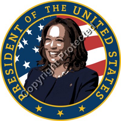 Kamala Harris 2024 campaign emblem smiling portrait with US flag background Thumbnail