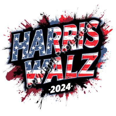 Kamala Harris 2024 campaign graphic featuring red  white  and blue text with stars and a paint s Thumbnail